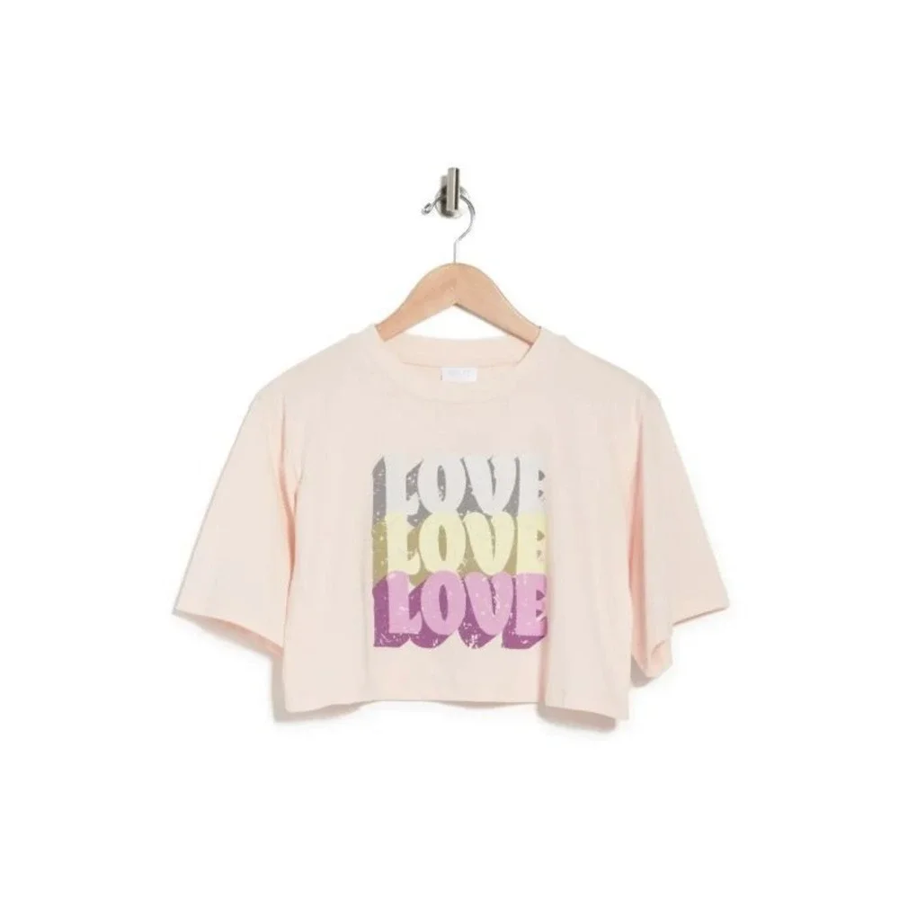 Abound Women's Love Graphic Print Short Sleeve Crew Crop Top Pink Creole Love SM